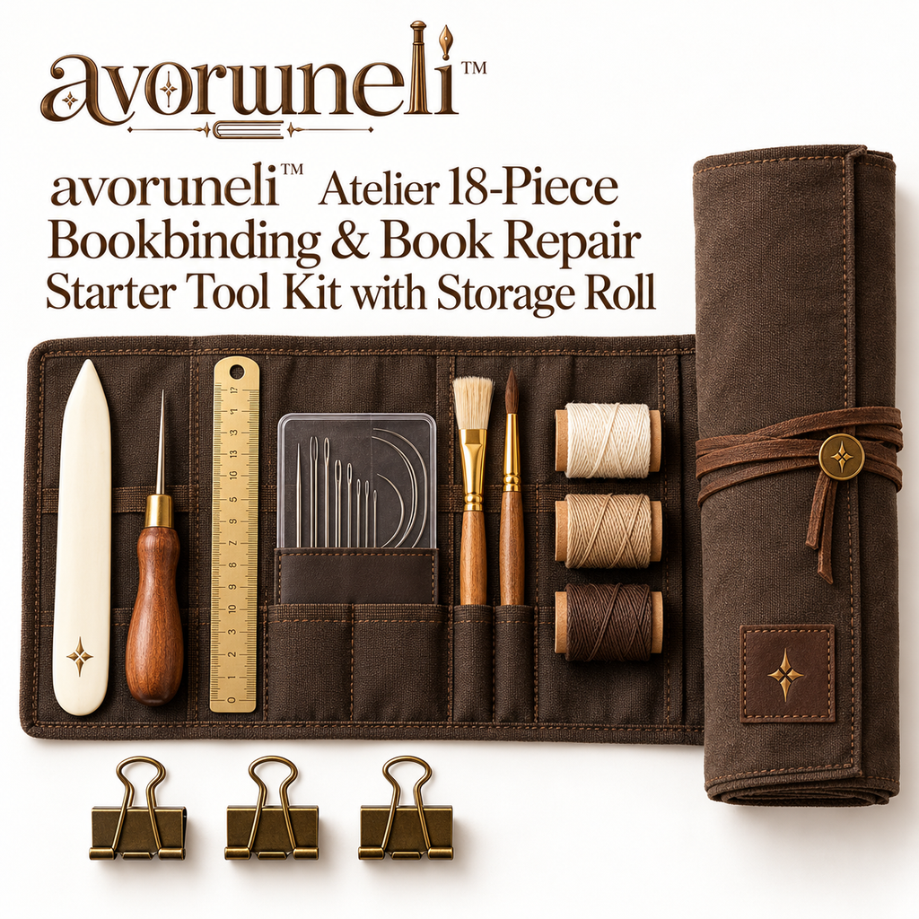 avoruneli™ Atelier 18-Piece Bookbinding & Book Repair Starter Tool Kit with Storage Roll