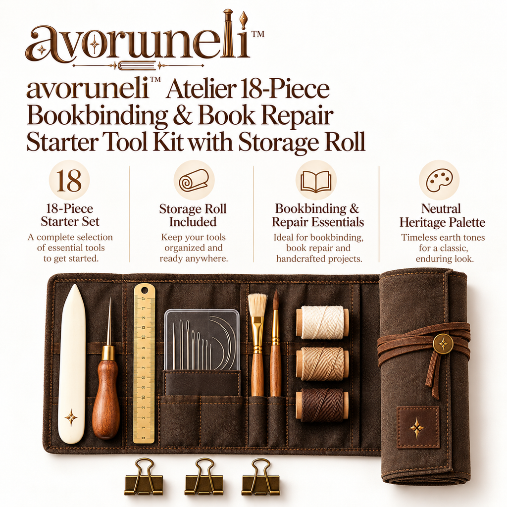 avoruneli™ Atelier 18-Piece Bookbinding & Book Repair Starter Tool Kit with Storage Roll
