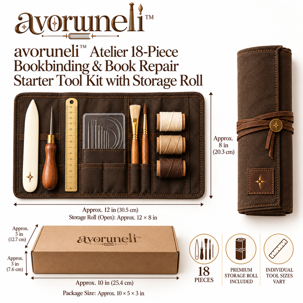 avoruneli™ Atelier 18-Piece Bookbinding & Book Repair Starter Tool Kit with Storage Roll