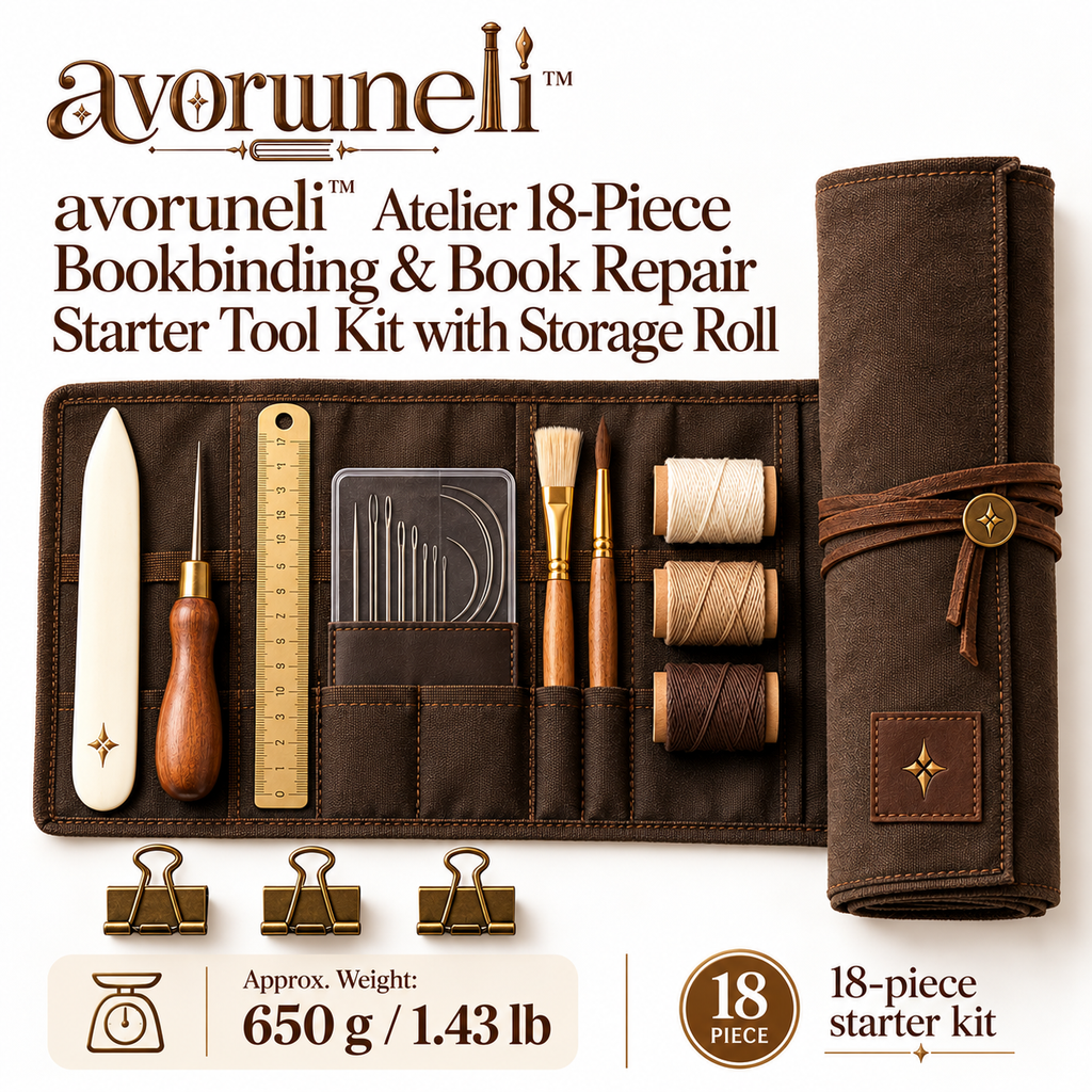 avoruneli™ Atelier 18-Piece Bookbinding & Book Repair Starter Tool Kit with Storage Roll