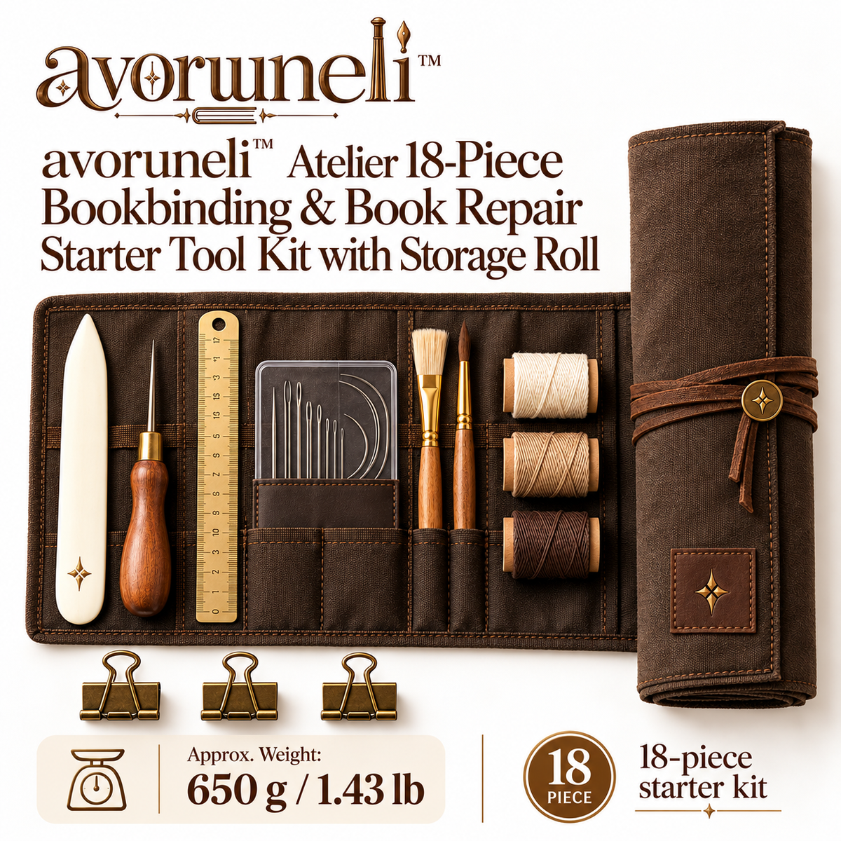 avoruneli™ Atelier 18-Piece Bookbinding & Book Repair Starter Tool Kit with Storage Roll