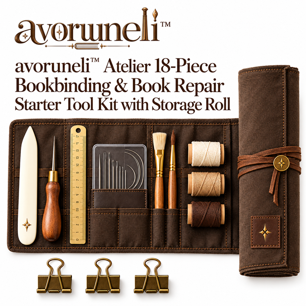 avoruneli™ Atelier 18-Piece Bookbinding & Book Repair Starter Tool Kit with Storage Roll