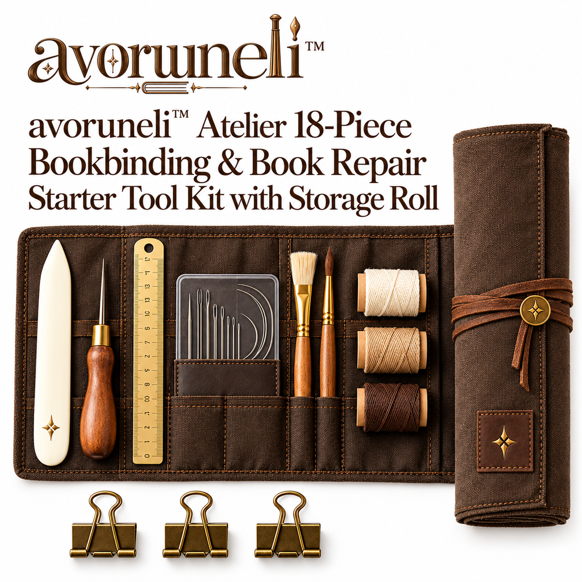 avoruneli™ Atelier 18-Piece Bookbinding & Book Repair Starter Tool Kit with Storage Roll