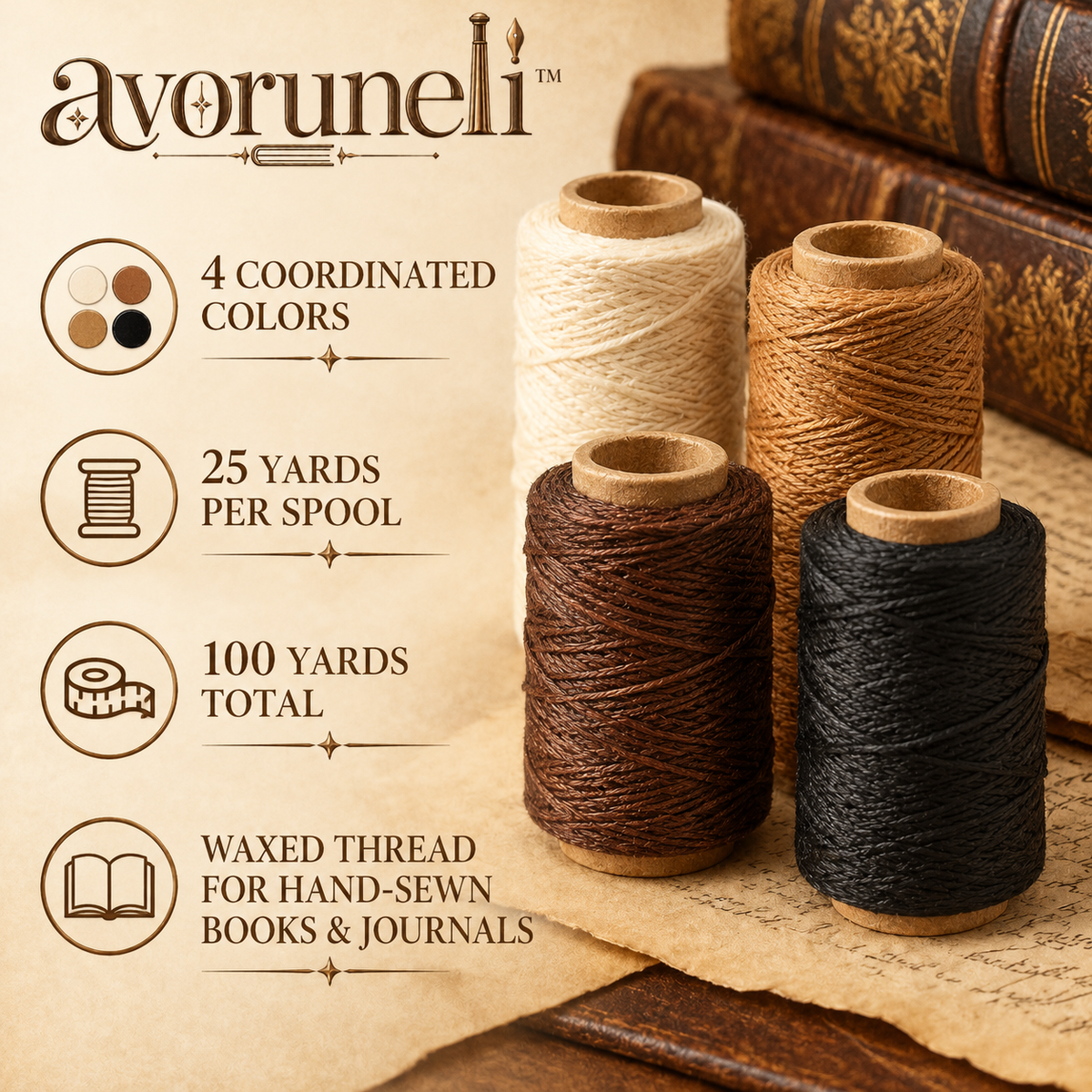 avoruneli™ LinenSpool Waxed Linen Bookbinding Thread Set, 4 Colors, 4 × 25 Yards