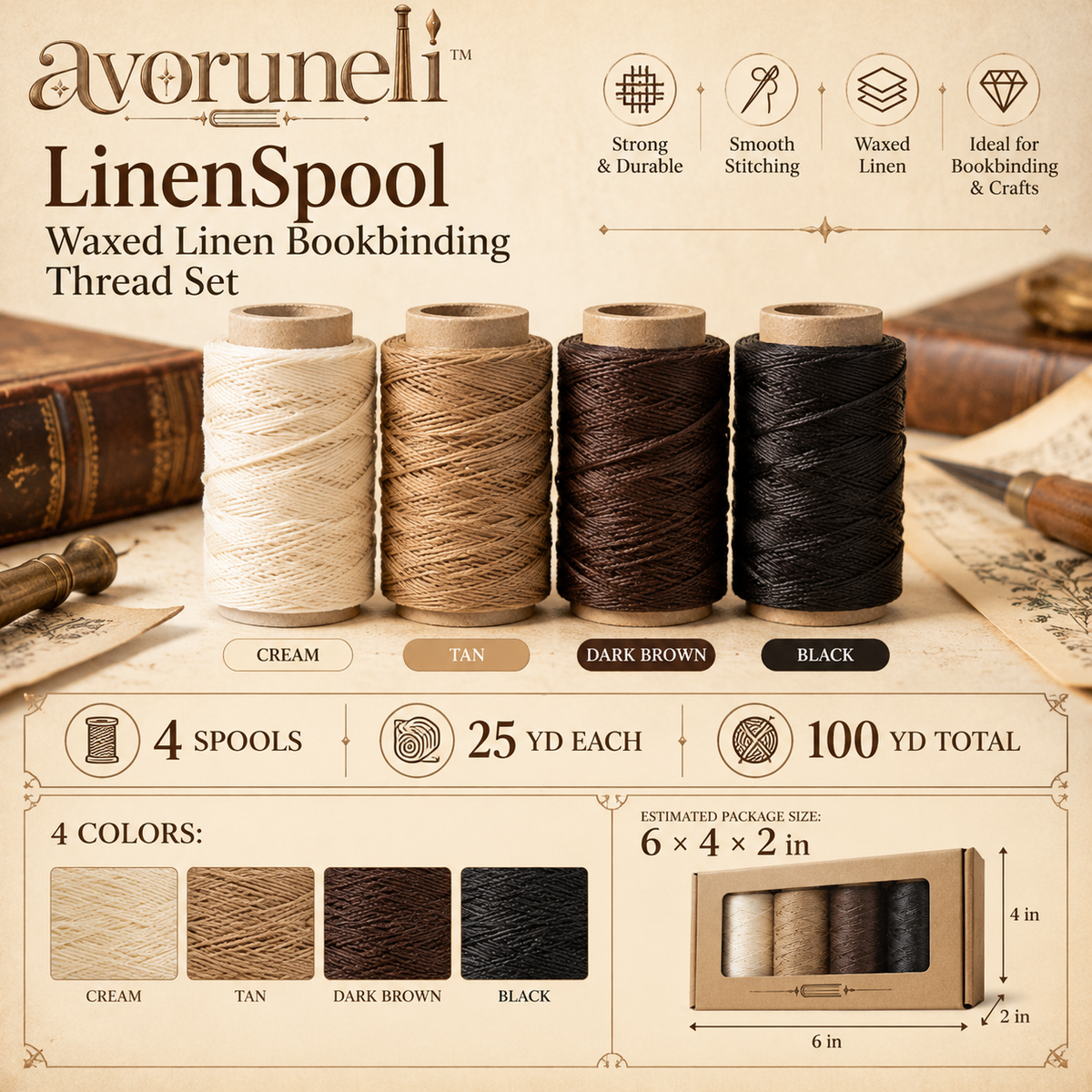 avoruneli™ LinenSpool Waxed Linen Bookbinding Thread Set, 4 Colors, 4 × 25 Yards