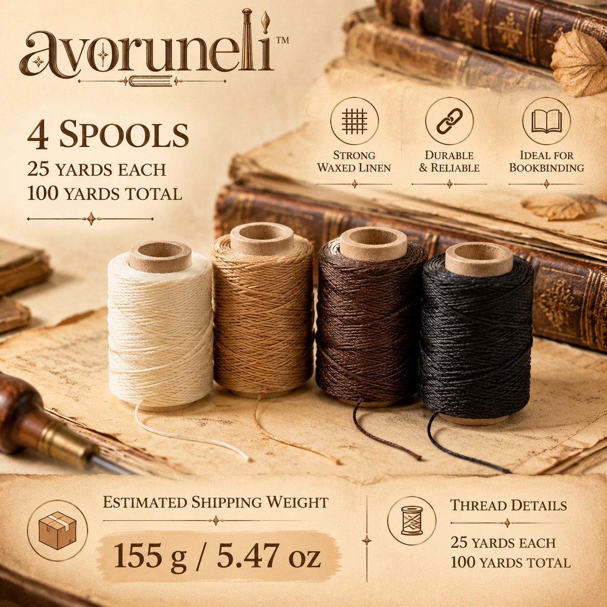avoruneli™ LinenSpool Waxed Linen Bookbinding Thread Set, 4 Colors, 4 × 25 Yards