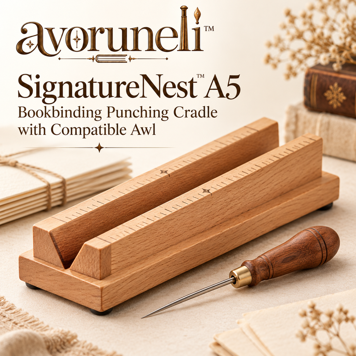avoruneli™ SignatureNest A5 Bookbinding Punching Cradle with Compatible Awl