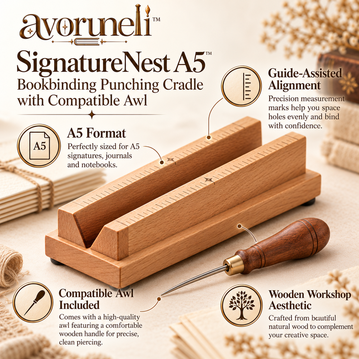 avoruneli™ SignatureNest A5 Bookbinding Punching Cradle with Compatible Awl