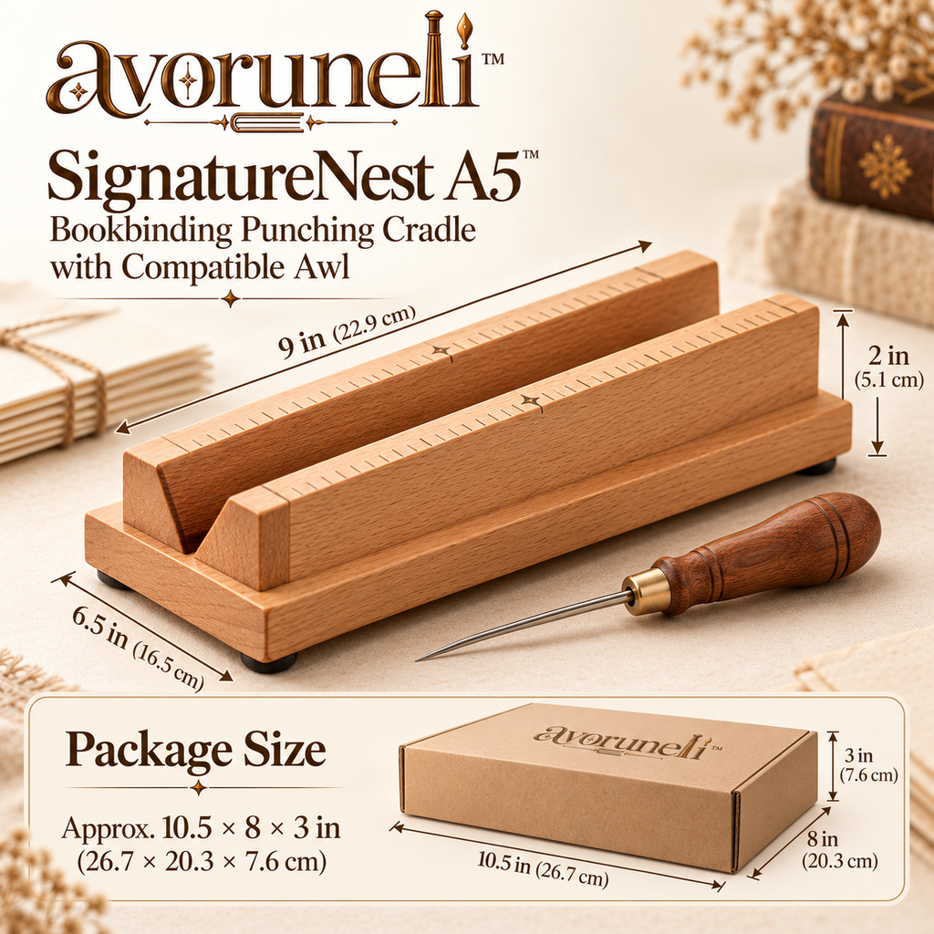 avoruneli™ SignatureNest A5 Bookbinding Punching Cradle with Compatible Awl
