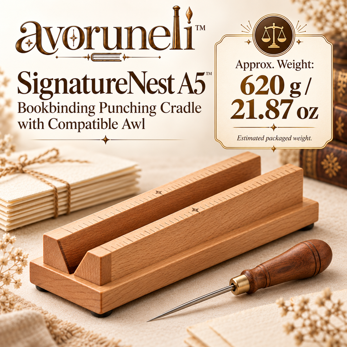 avoruneli™ SignatureNest A5 Bookbinding Punching Cradle with Compatible Awl