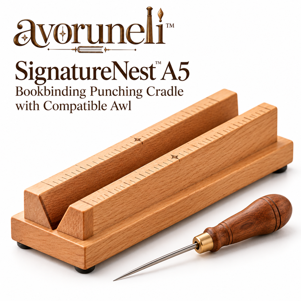 avoruneli™ SignatureNest A5 Bookbinding Punching Cradle with Compatible Awl