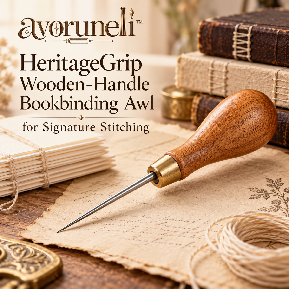 avoruneli™ HeritageGrip Wooden-Handle Bookbinding Awl for Signature Stitching