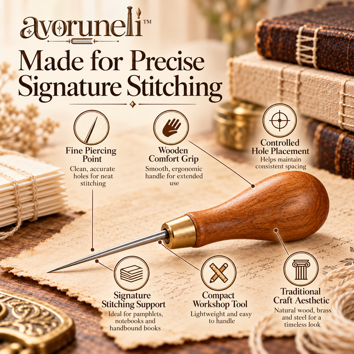 avoruneli™ HeritageGrip Wooden-Handle Bookbinding Awl for Signature Stitching