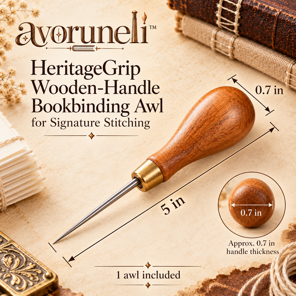avoruneli™ HeritageGrip Wooden-Handle Bookbinding Awl for Signature Stitching
