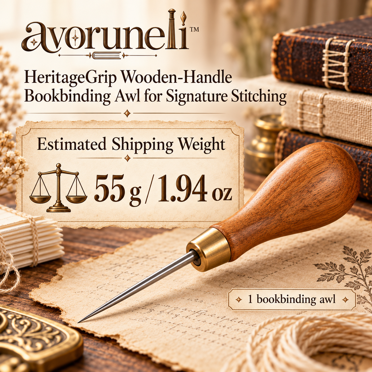avoruneli™ HeritageGrip Wooden-Handle Bookbinding Awl for Signature Stitching