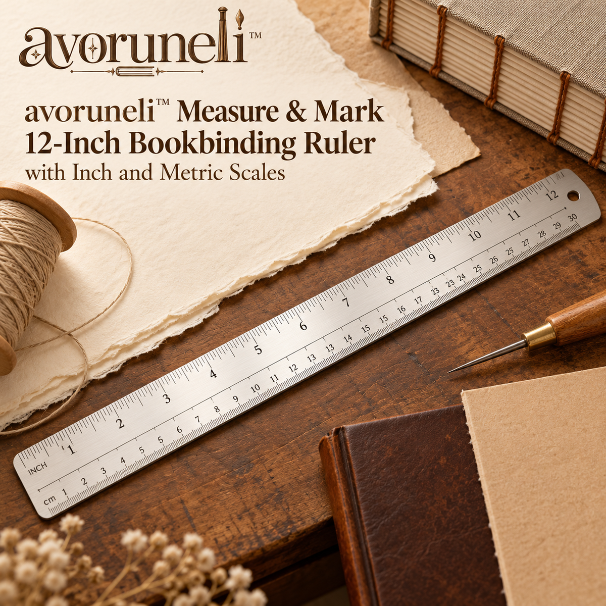 avoruneli™ Measure & Mark 12-Inch Bookbinding Ruler with Inch and Metric Scales