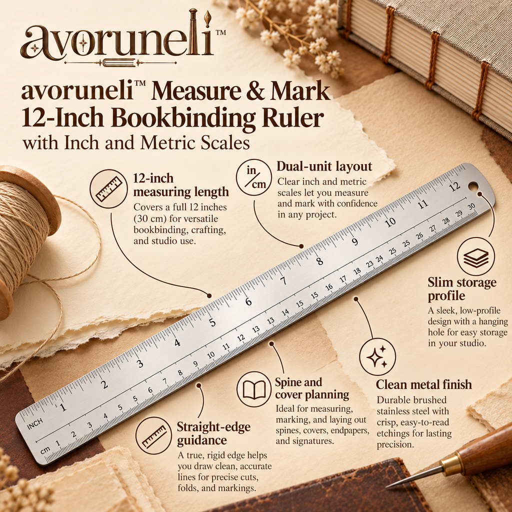 avoruneli™ Measure & Mark 12-Inch Bookbinding Ruler with Inch and Metric Scales