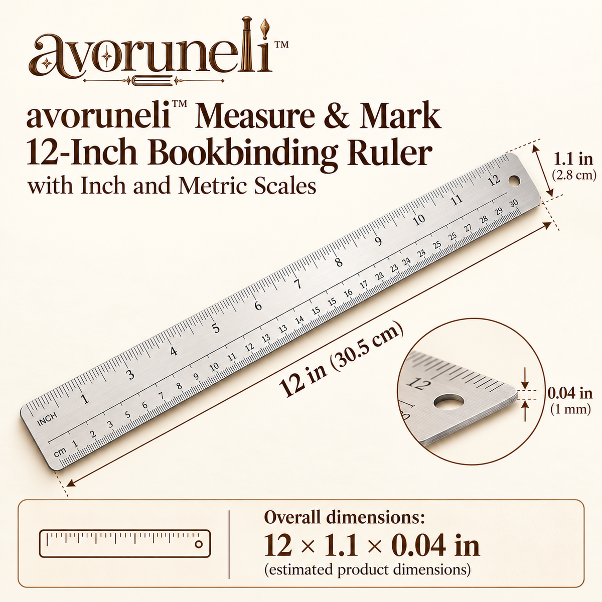 avoruneli™ Measure & Mark 12-Inch Bookbinding Ruler with Inch and Metric Scales