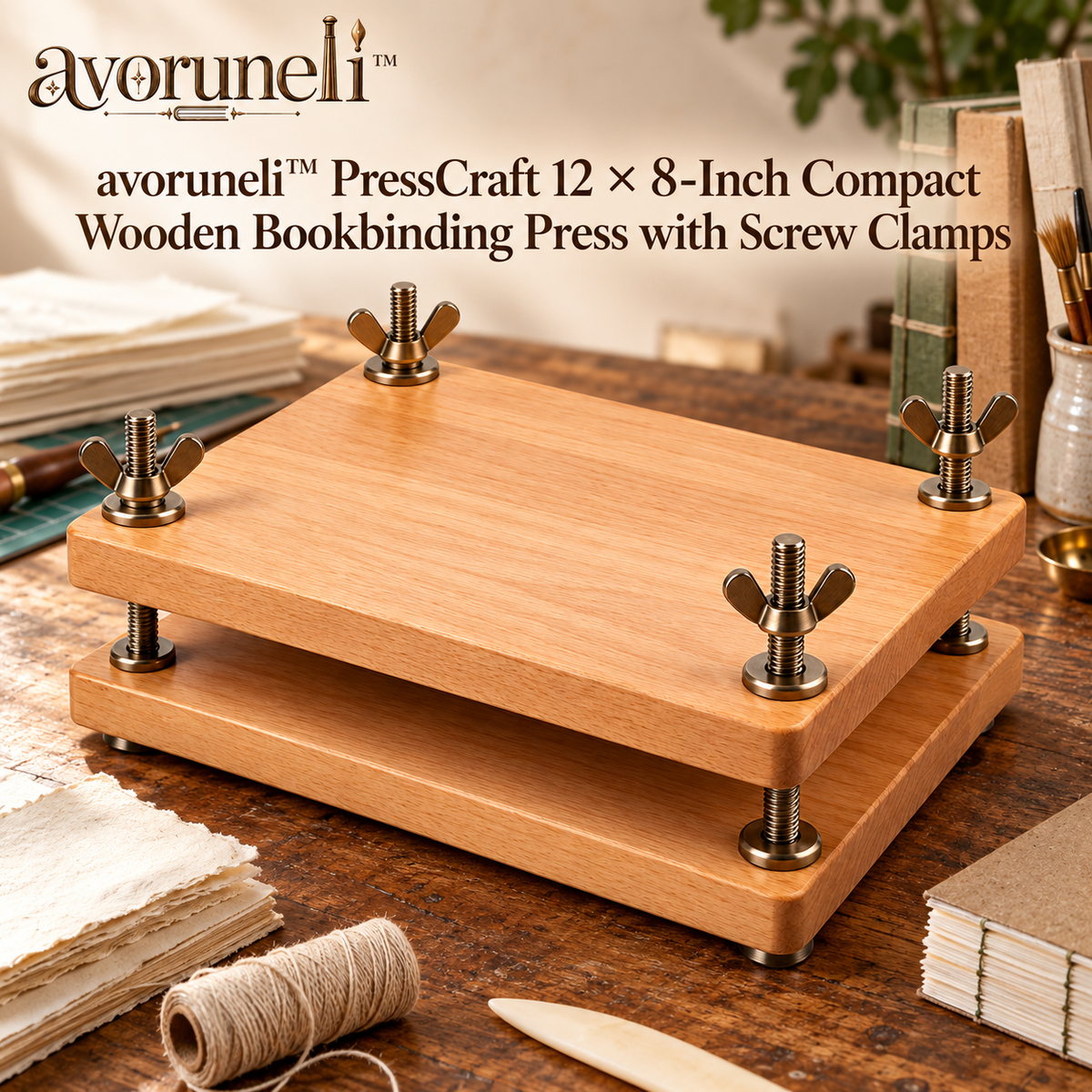 avoruneli™ PressCraft 12 × 8-Inch Compact Wooden Bookbinding Press with Screw Clamps
