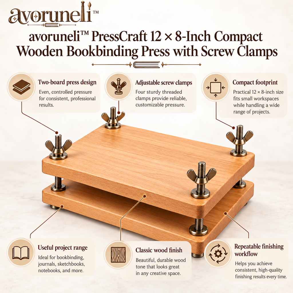 avoruneli™ PressCraft 12 × 8-Inch Compact Wooden Bookbinding Press with Screw Clamps