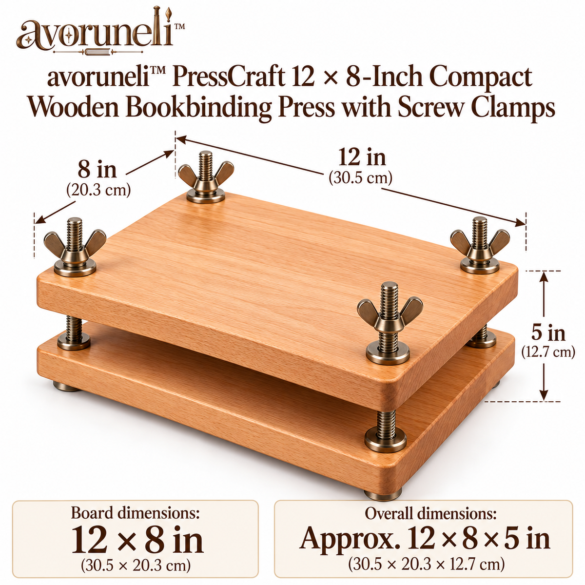 avoruneli™ PressCraft 12 × 8-Inch Compact Wooden Bookbinding Press with Screw Clamps