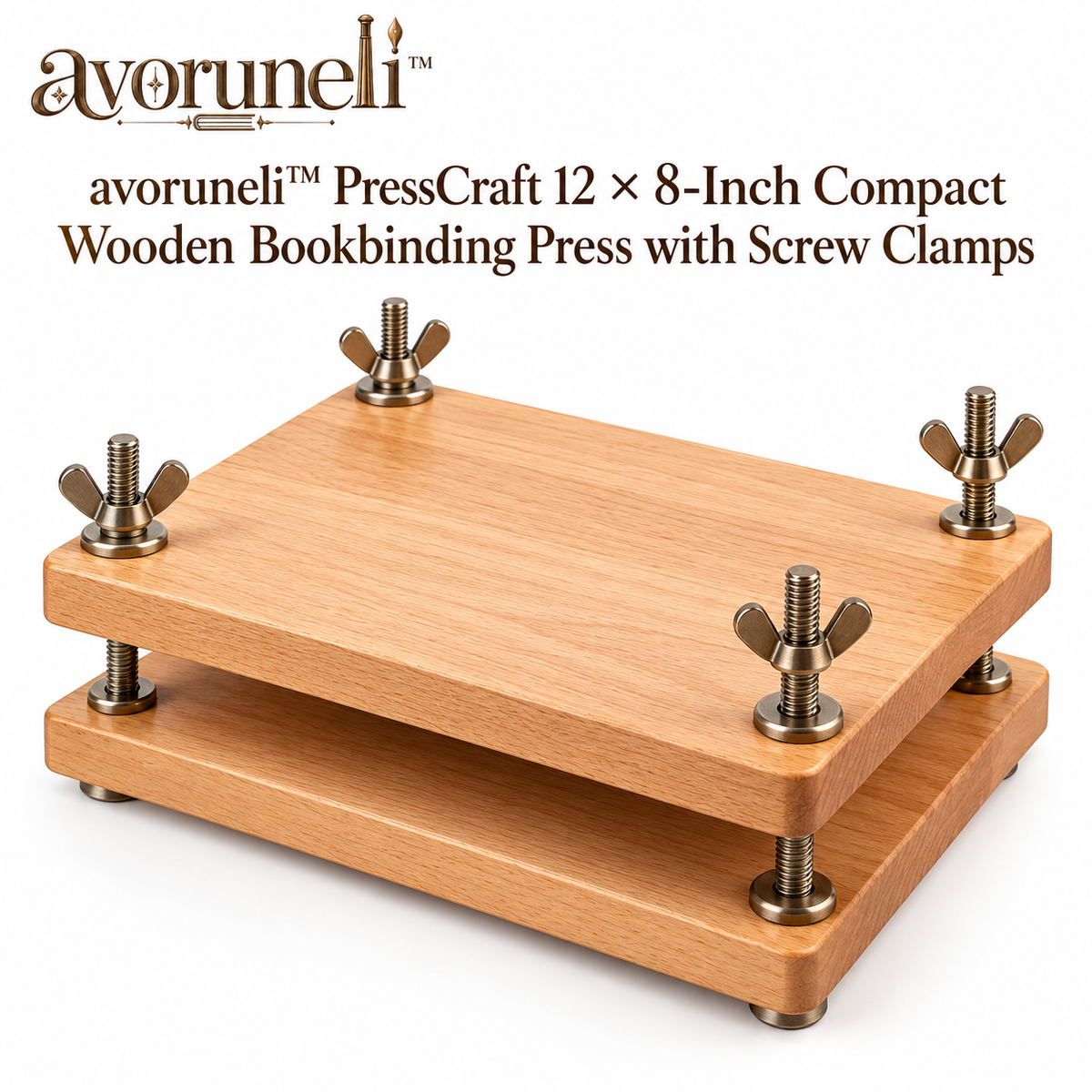 avoruneli™ PressCraft 12 × 8-Inch Compact Wooden Bookbinding Press with Screw Clamps