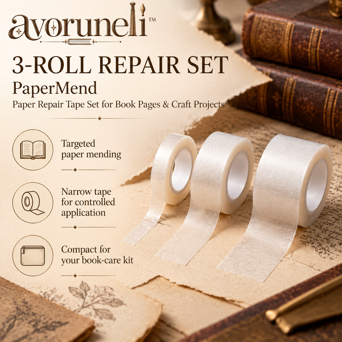 avoruneli™ PaperMend 3-Roll Paper Repair Tape Set for Book Pages & Craft Projects