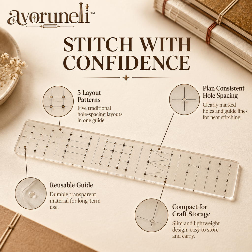 avoruneli™ StitchMap Japanese Stab Binding Hole-Spacing Guide, 5-Pattern Template