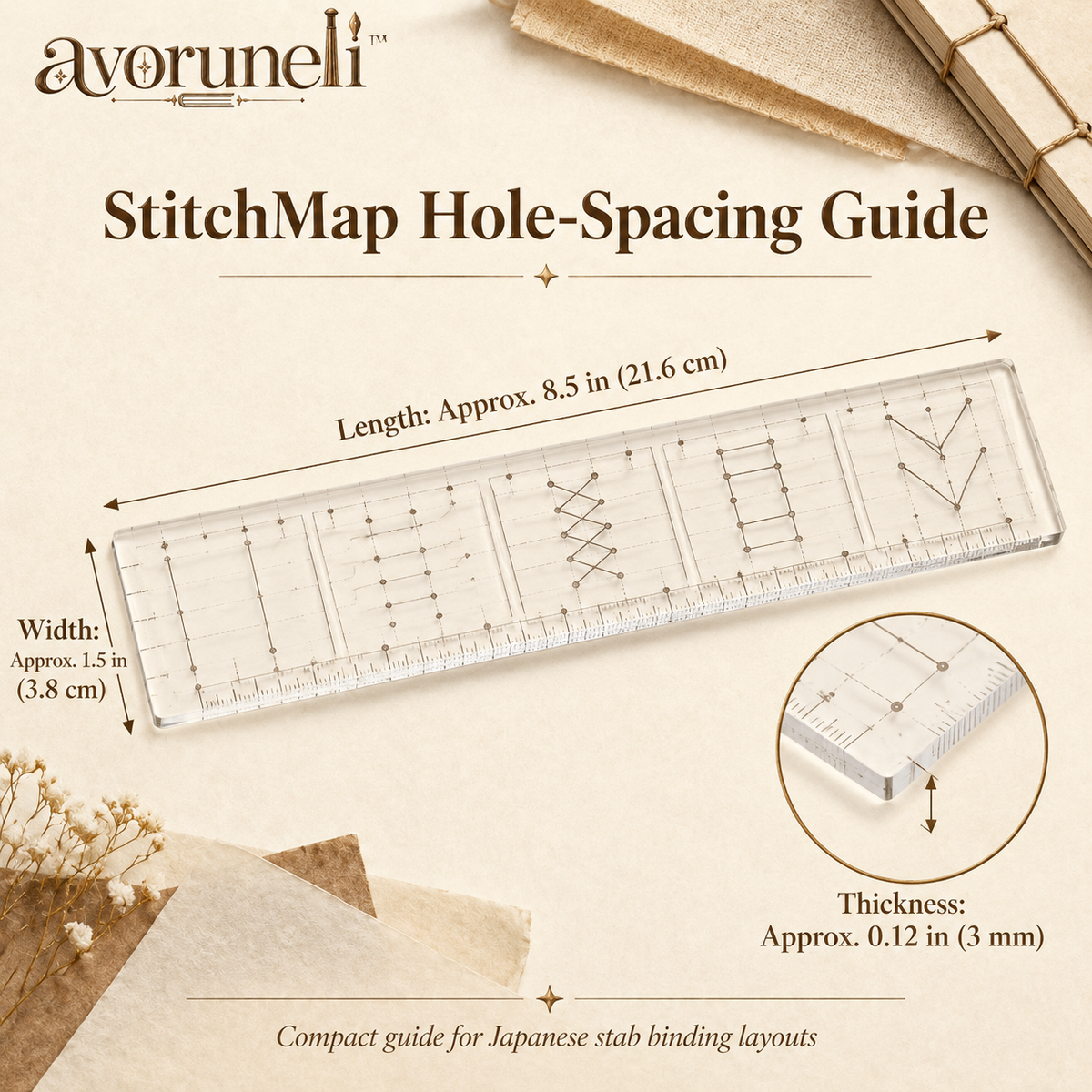 avoruneli™ StitchMap Japanese Stab Binding Hole-Spacing Guide, 5-Pattern Template