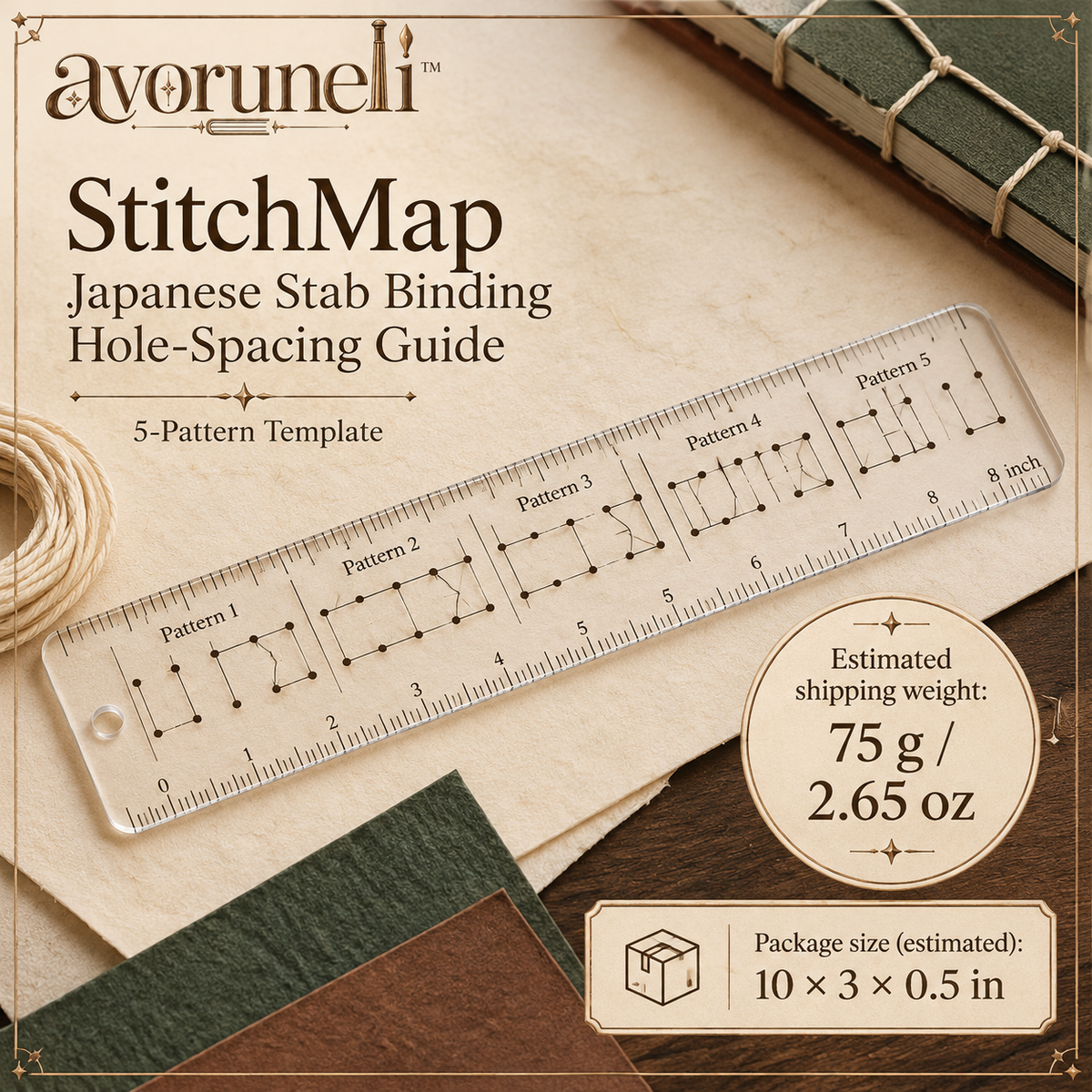 avoruneli™ StitchMap Japanese Stab Binding Hole-Spacing Guide, 5-Pattern Template