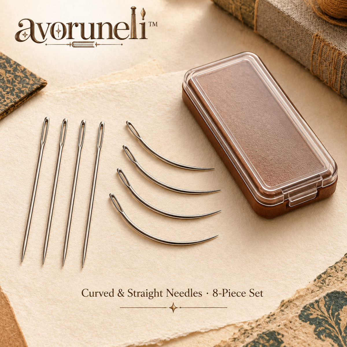 avoruneli™ Curved & Straight Bookbinding Sewing Needles, 8-Piece Set with Case