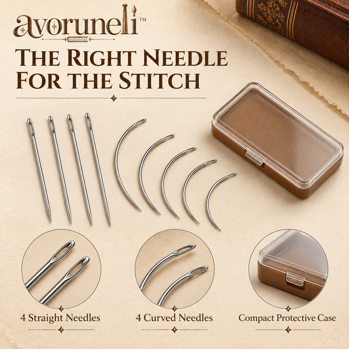 avoruneli™ Curved & Straight Bookbinding Sewing Needles, 8-Piece Set with Case